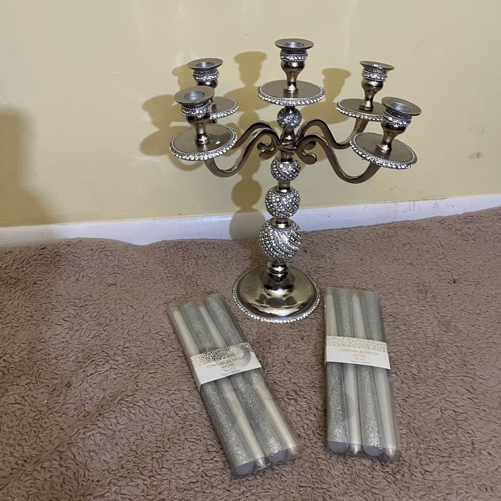 Elegant Silver and Rhinestone Candelabra with Candles
